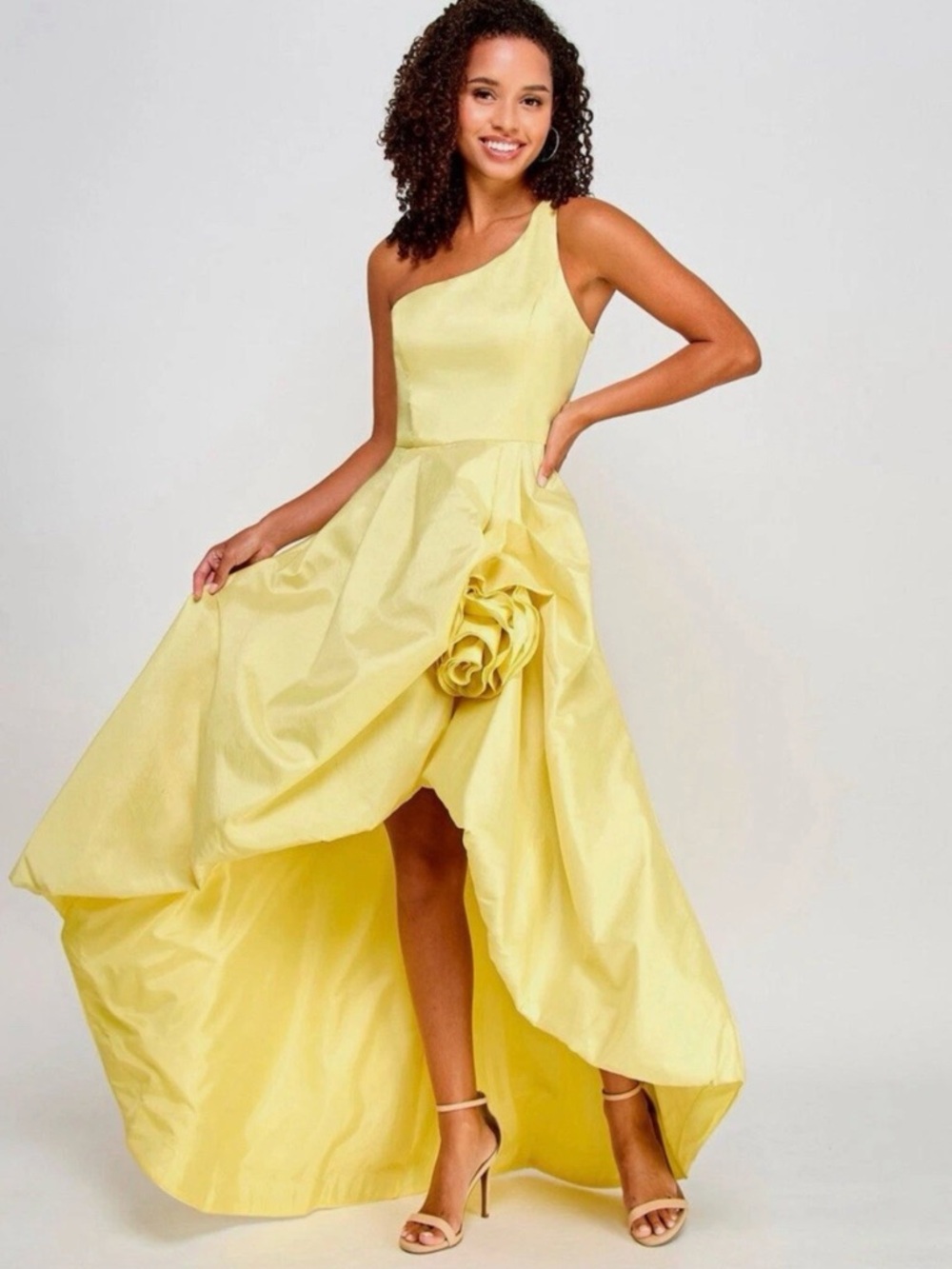NWT Lemon Yellow One Shoulder Hi Low Formal Gown Small 6 8